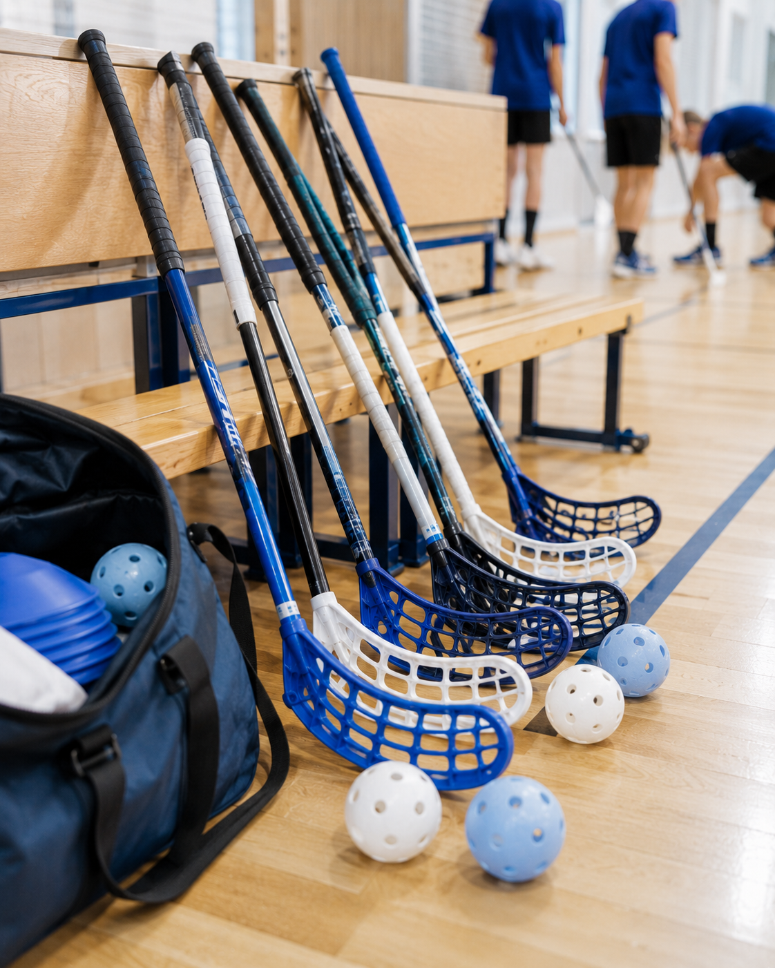 Salibandymailoja ja palloja liikuntasalissa