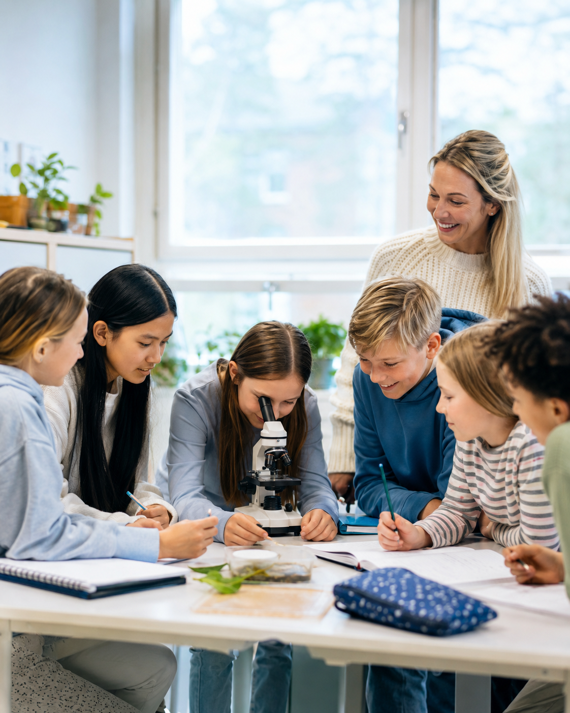 Oppilaita tutkimassa näytteitä mikroskoopilla