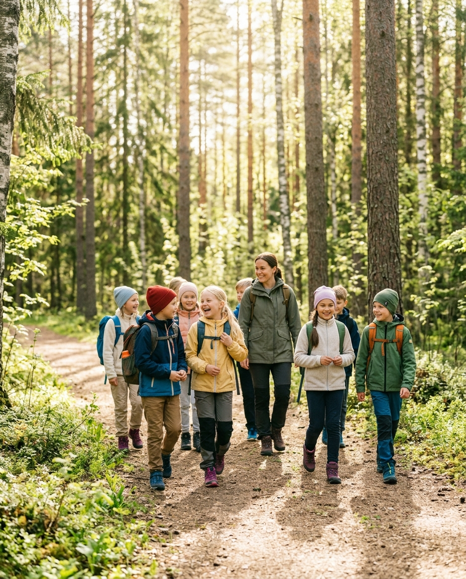 Koululaisia ja opettaja retkellä metsässä