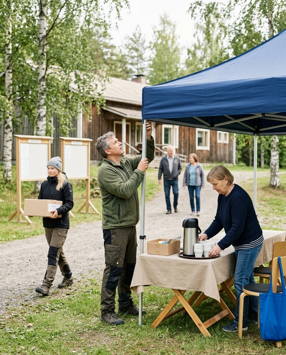 Yhdistyksen vapaaehtoisia valmistelemassa ulkotapahtumaa