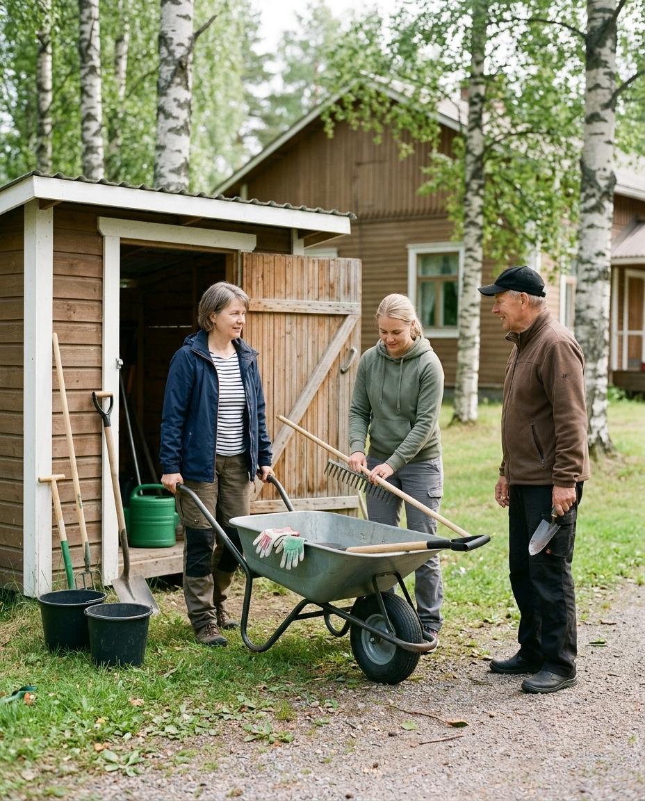 Yhdistyksen jäseniä yhteisissä pihatöissä